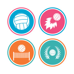 Volleyball and net icons. Winner award laurel wreath symbols. Fireball and beach sport symbol. Colored circle buttons. Vector