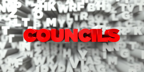 COUNCILS -  Red text on typography background - 3D rendered royalty free stock image. This image can be used for an online website banner ad or a print postcard.