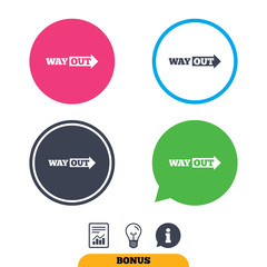 Way out right sign icon. Arrow symbol. Report document, information sign and light bulb icons. Vector
