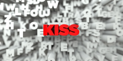 KISS -  Red text on typography background - 3D rendered royalty free stock image. This image can be used for an online website banner ad or a print postcard.