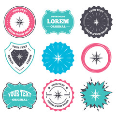 Label and badge templates. Compass sign icon. Windrose navigation symbol. Retro style banners, emblems. Vector