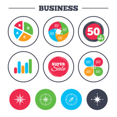 Business pie chart. Growth graph. Windrose navigation icons. Compass symbols. Coordinate system sign. Super sale and discount buttons. Vector