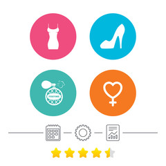 Women dress icon. Sexy shoe sign. Perfume glamour fragrance symbol. Calendar, cogwheel and report linear icons. Star vote ranking. Vector