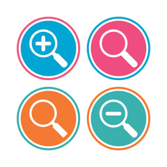 Magnifier glass icons. Plus and minus zoom tool symbols. Search information signs. Colored circle buttons. Vector