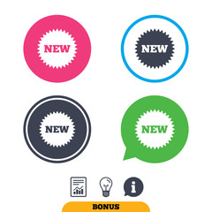 New sign icon. New arrival star symbol. Report document, information sign and light bulb icons. Vector
