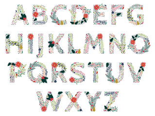 Vector Set of Beautiful Christmas or Winter Holidays Floral Alphabet - 126156340