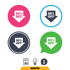 80% sale arrow tag sign icon. Discount symbol. Special offer label. Report document, information sign and light bulb icons. Vector