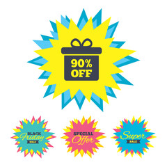 Sale stickers and banners. 90% sale gift box tag sign icon. Discount symbol. Special offer label. Star labels. Vector
