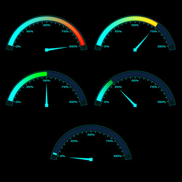 Power or Speed Meter. Dashboard gauge analog sensor in different state phases. Vector illustration