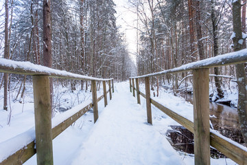 Wooden bridge in snow close-up