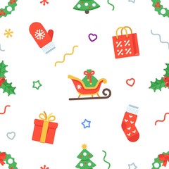 Seamless flat Christmas pattern of traditional decoration elements