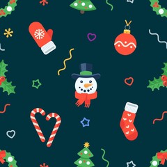 Seamless flat Christmas pattern of traditional decoration elements