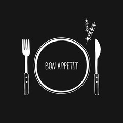 Cutlery and plate vector icon, logo. Isolated. Hand drawn doodle sketch fork, knife and plate. Tableware, dishes, dinnerware. Black and white elements for design. Bon appetit - 126158103