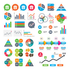 Business charts. Growth graph. Sale gift box tag icons. Discount special offer symbols. 30%, 50%, 70% and 90% percent sale signs. Market report presentation. Vector
