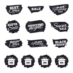 Ink brush sale stripes and banners. Sale gift box tag icons. Discount special offer symbols. 10%, 20%, 30% and 40% percent discount signs. Black friday. Ink stroke. Vector