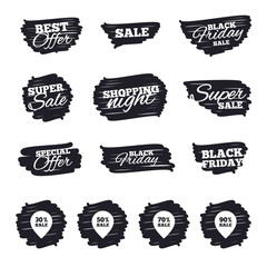 Ink brush sale stripes and banners. Sale pointer tag icons. Discount special offer symbols. 30%, 50%, 70% and 90% percent sale signs. Black friday. Ink stroke. Vector