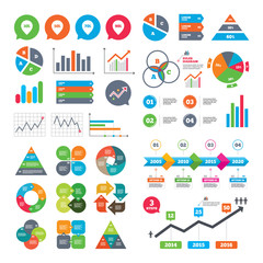 Business charts. Growth graph. Sale pointer tag icons. Discount special offer symbols. 30%, 50%, 70% and 90% percent discount signs. Market report presentation. Vector