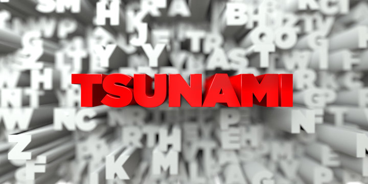 TSUNAMI -  Red text on typography background - 3D rendered royalty free stock image. This image can be used for an online website banner ad or a print postcard.