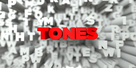 TONES -  Red text on typography background - 3D rendered royalty free stock image. This image can be used for an online website banner ad or a print postcard.