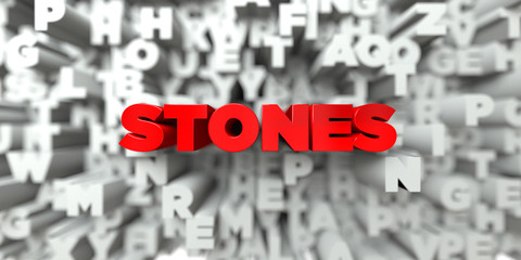 STONES -  Red text on typography background - 3D rendered royalty free stock image. This image can be used for an online website banner ad or a print postcard.