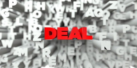 DEAL -  Red text on typography background - 3D rendered royalty free stock image. This image can be used for an online website banner ad or a print postcard.