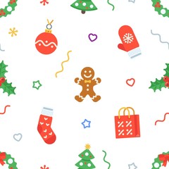Seamless flat Christmas pattern of traditional decoration elements