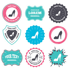 Obraz premium Label and badge templates. Women sign. Women's shoe icon. High heels shoe symbol. Retro style banners, emblems. Vector