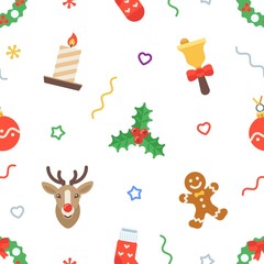 Seamless flat Christmas pattern of traditional decoration elements