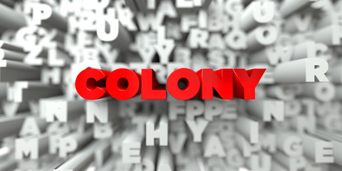 COLONY -  Red text on typography background - 3D rendered royalty free stock image. This image can be used for an online website banner ad or a print postcard.