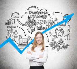Businesswoman and business strategy icons with blue graph