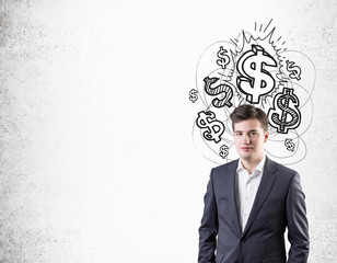 Young businessman and shiny dollar sketches