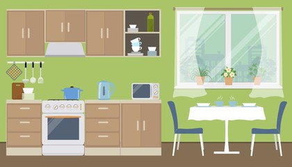 Kitchen in a green color. There is a kitchen furniture of a beige color, a table, two blue chairs, a kettle, a microwave and other objects in the picture. Vector flat illustration