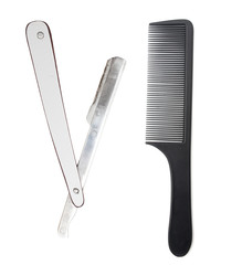 razor and a comb on a white background