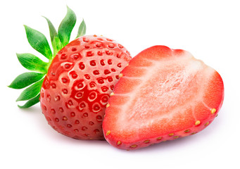 Perfectly retouched strawberry with sliced half and leaves isolated on white background whith clipping path