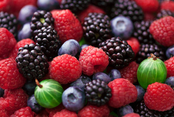 Blueberries, raspberries, blackberries and gooseberries background shot top down. Top view.