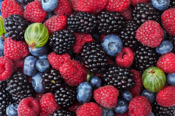 Blueberries, raspberries, blackberries and gooseberries background shot top down. Top view.