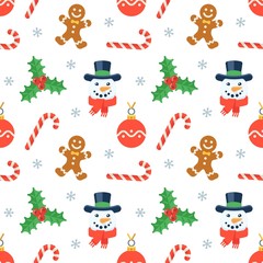 Seamless flat Christmas pattern of traditional decoration elements