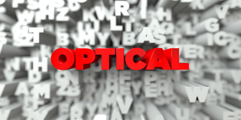 OPTICAL -  Red text on typography background - 3D rendered royalty free stock image. This image can be used for an online website banner ad or a print postcard.