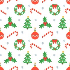 Seamless flat Christmas pattern of traditional decoration elements