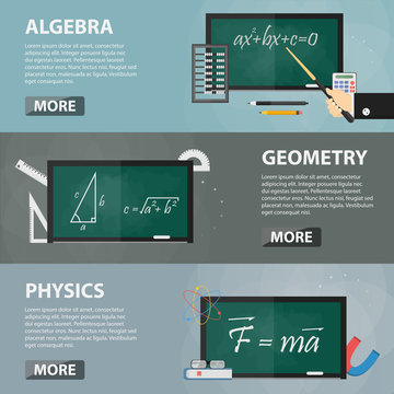 Vector flat horizontal banners of algebra, geometry and physics for websites. Business concept of math science, education and studying. Set of school equipment.