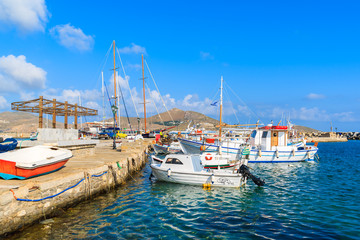 Fototapeta na wymiar Typical Greek fishing boats in Naoussa port, Paros island, Greece