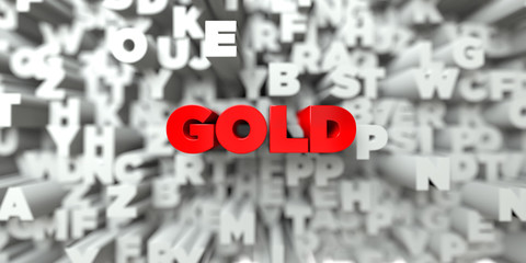 GOLD -  Red text on typography background - 3D rendered royalty free stock image. This image can be used for an online website banner ad or a print postcard.