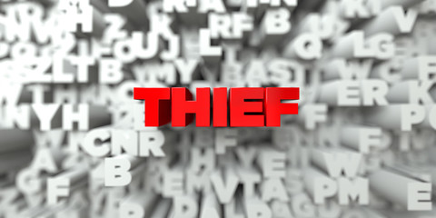 THIEF -  Red text on typography background - 3D rendered royalty free stock image. This image can be used for an online website banner ad or a print postcard.