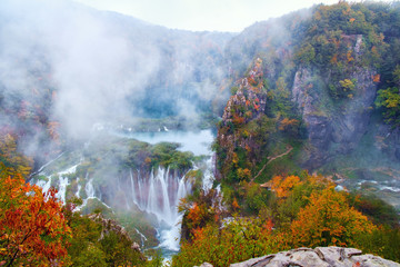 Fototapeta premium Waterfall the Plitvice Lakes in autumn