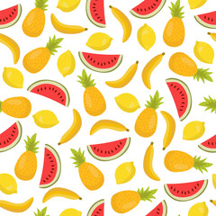 Seamless pattern with bananas, pineapples and lemons. Cute tropi