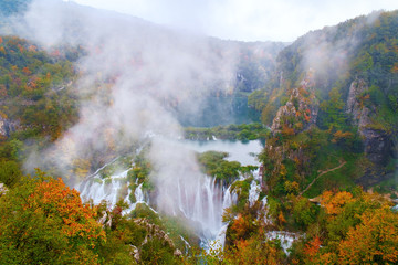 Waterfall the Plitvice Lakes in autumn