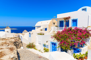 Fototapeta premium Typical white and blue Greek house decorated with red flowers in Oia village on Santorini island, Greece