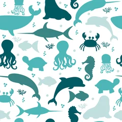 Rolgordijnen Underwater seamless pattern with silhouettes fishes, octopus, cr © Helen Sko