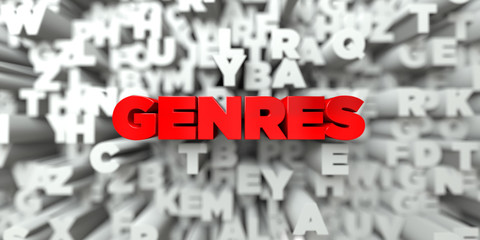 GENRES -  Red text on typography background - 3D rendered royalty free stock image. This image can be used for an online website banner ad or a print postcard.