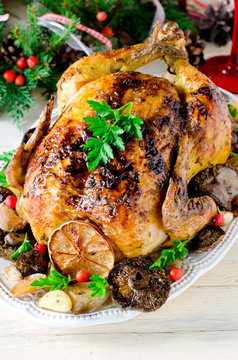 Christmas chicken (turkey) baked with mushrooms and potatoes